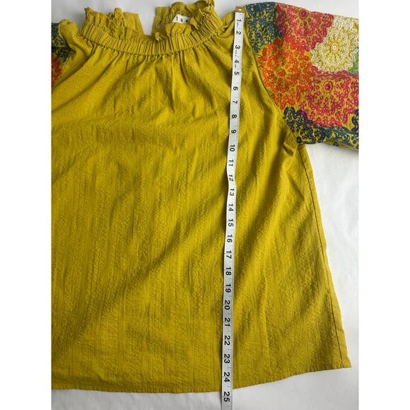 THML Size Large Embroidered Ruffled Mock Neck Top Boho Puff Sleeves Yellow - Picture 9 of 10